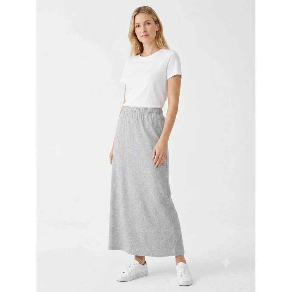 Ellos Knit Maxi Skirt Womens L 18/20 Elastic Waist Gray Side Slit Stretch Modest